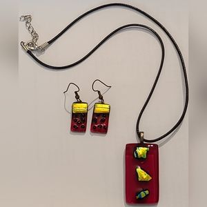 VINTAGE 2 PCS SET FUSED GLASS LAMPWORK PENDANT NECKLACE & EARRINGS